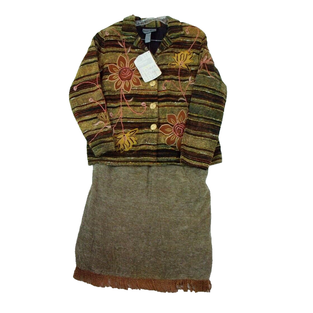 Indigo Moon Womens Small Tapestry Jacket and Knit Maxi Skirt Set Floral Fringe